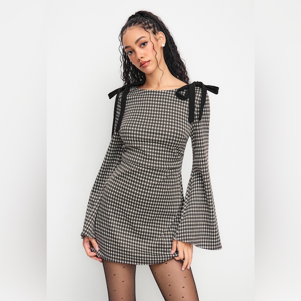 Cider  Gingham Tie-Shoulder Mini Dress with Black Bows